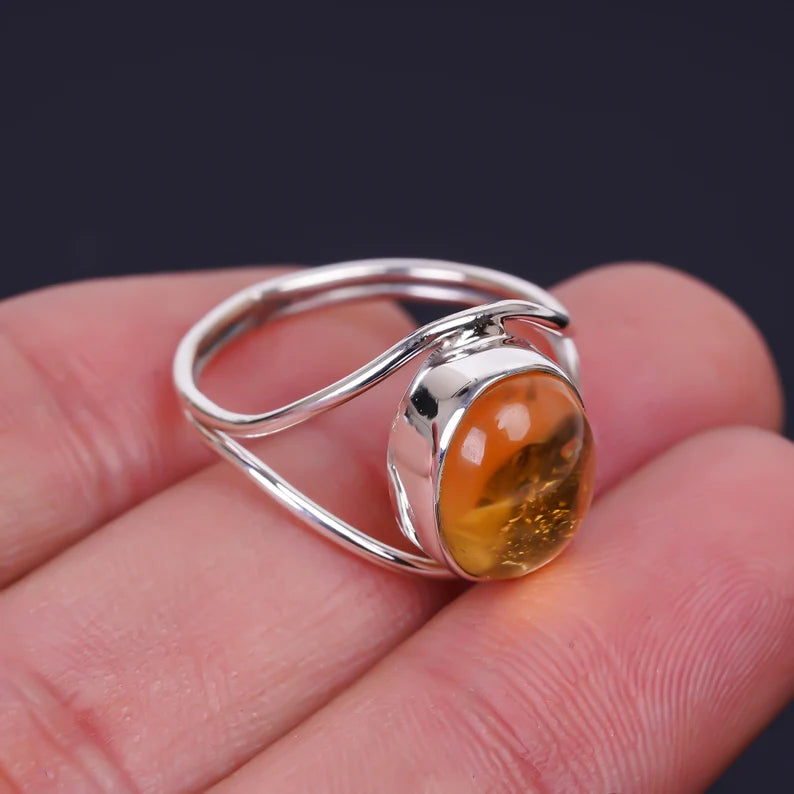 Citrine Gemstone Statement Dual Wire Band Ring