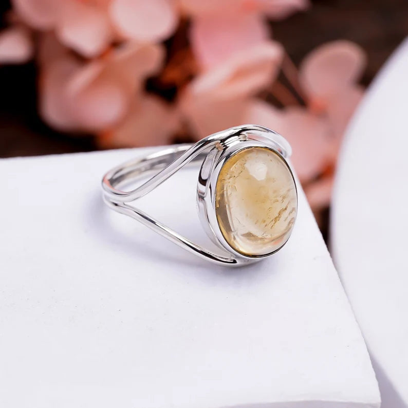 Citrine Gemstone Statement Dual Wire Band Ring