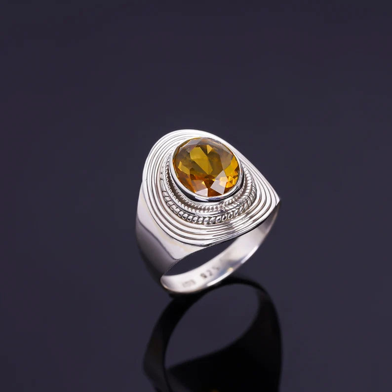 Natural Citrine Gemstone Handmade Promise Signet Ring