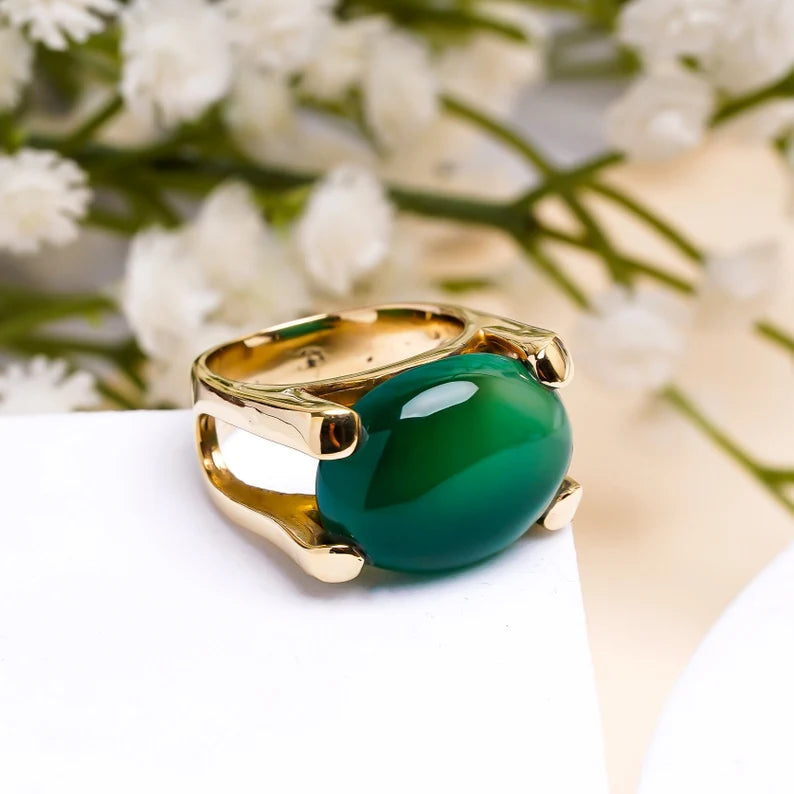 Oval Shaped Green Onyx Gemstone Statement Ring