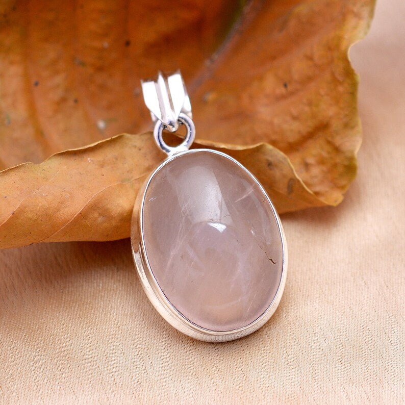 Natural Rose Quartz 925 Sterling Silver Oval Pendant