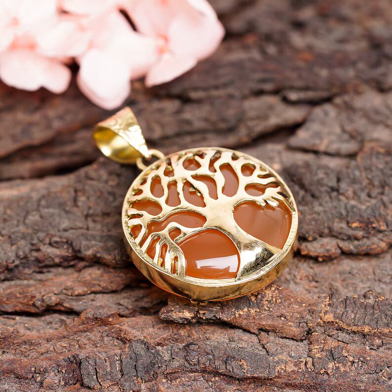 Tree Of Life Carnelian Gemstone Round Pendant