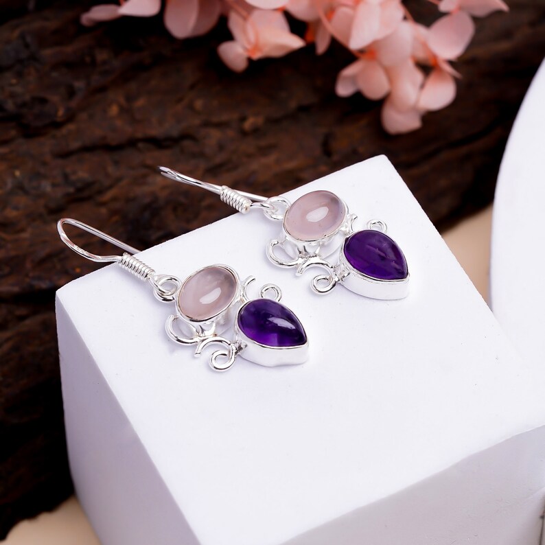 Amethyst And Rose Quartz Gemstone Handcrafted Earrings