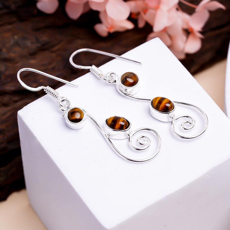 Tiger's Eye Gemstone Handcrafted Drop Earrings