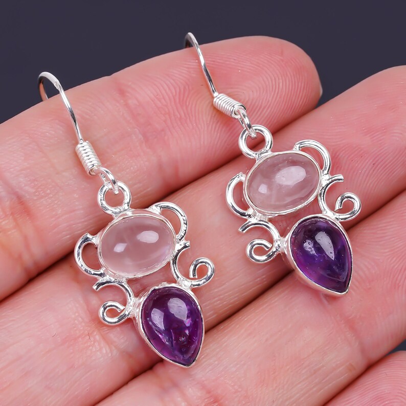Amethyst And Rose Quartz Gemstone Handcrafted Earrings