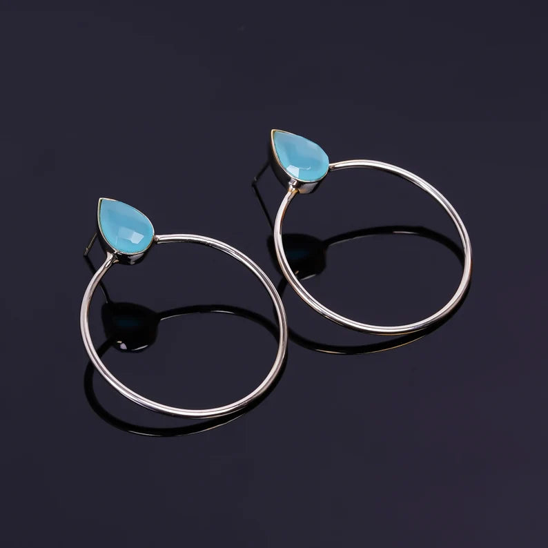 Aqua Chalcedony Gemstone Round Hoop Earrings