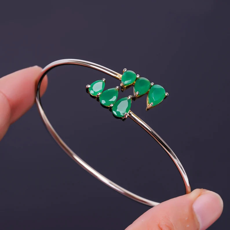 Green Onyx Adjustable 925 Sterling Silver Bangle