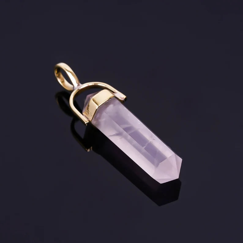 925 Sterling Silver Pencil Rose Quartz Gemstone Pendant