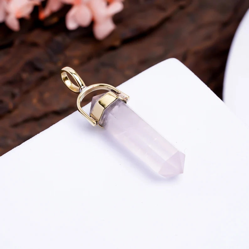 925 Sterling Silver Pencil Rose Quartz Gemstone Pendant