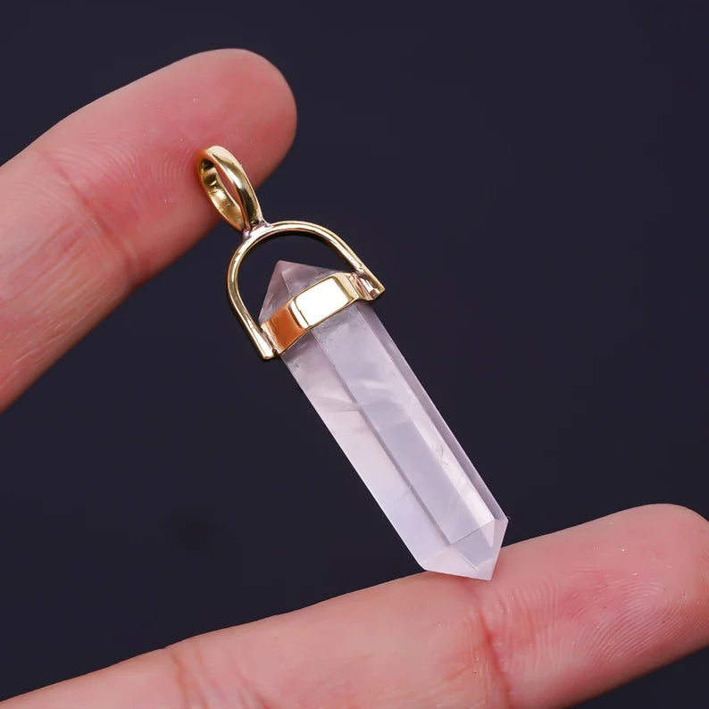 925 Sterling Silver Pencil Rose Quartz Gemstone Pendant