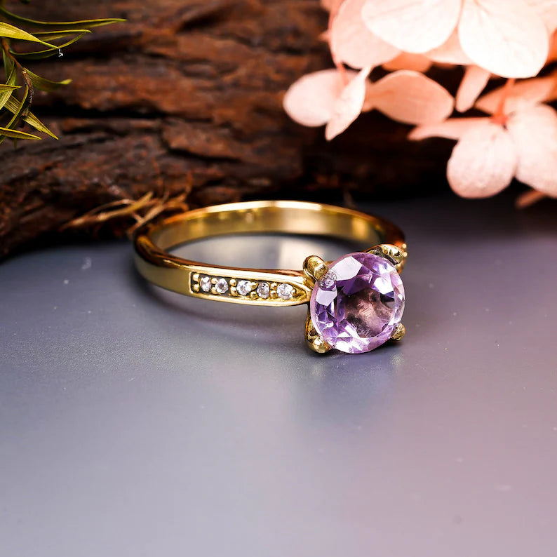 Natural Amethyst Gemstone Cubic Zirconia Handcrafted Ring