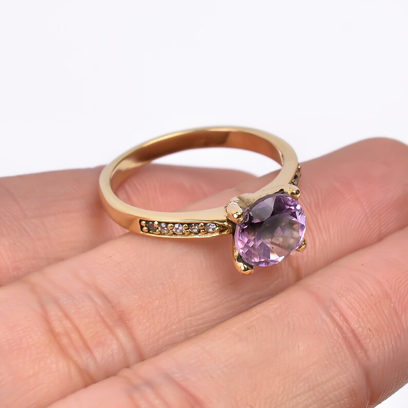 Natural Amethyst Gemstone Cubic Zirconia Handcrafted Ring