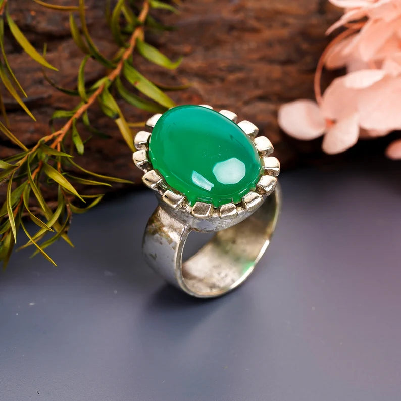 Oval Green Onyx Statement Minimalist Gemstone Ring