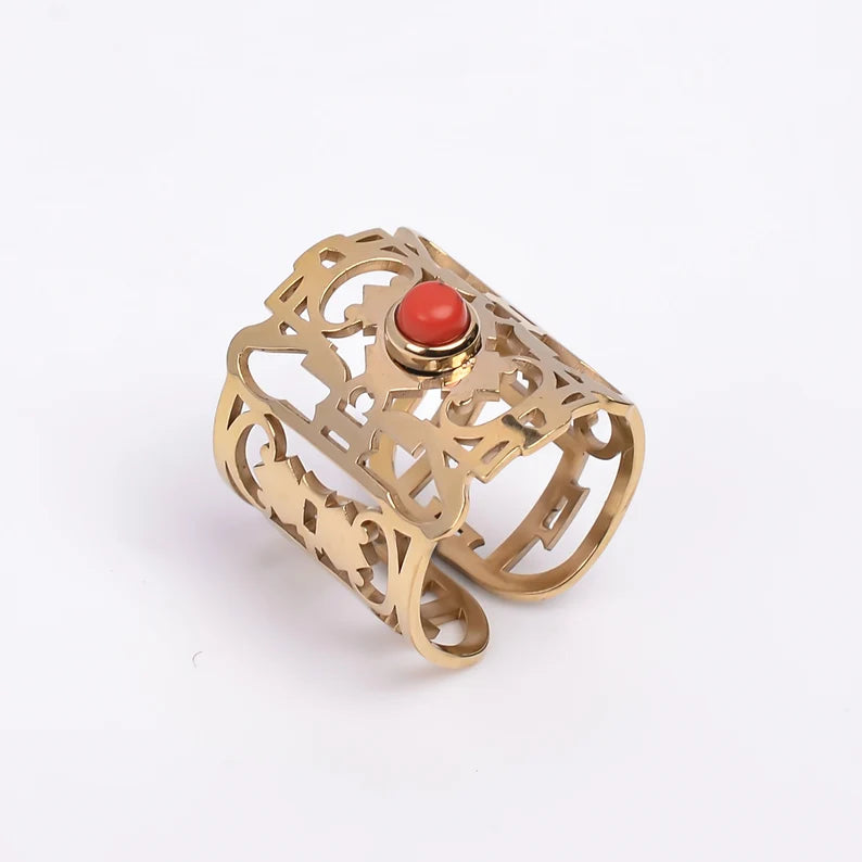 Coral Gemstone Wide Band Thumb Statement Ring