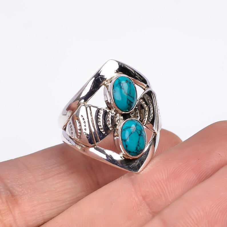 Natural Turquoise Gemstone Dual Stone Handmade Signet Ring