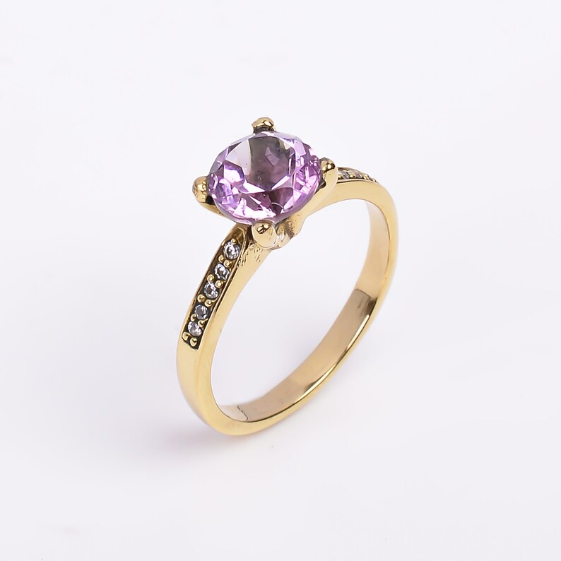 Natural Amethyst Gemstone Cubic Zirconia Handcrafted Ring