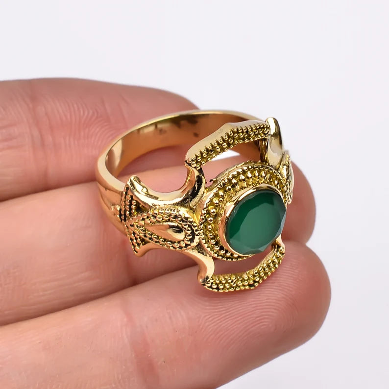 Green Onyx Antique Band Gemstone Statement Ring