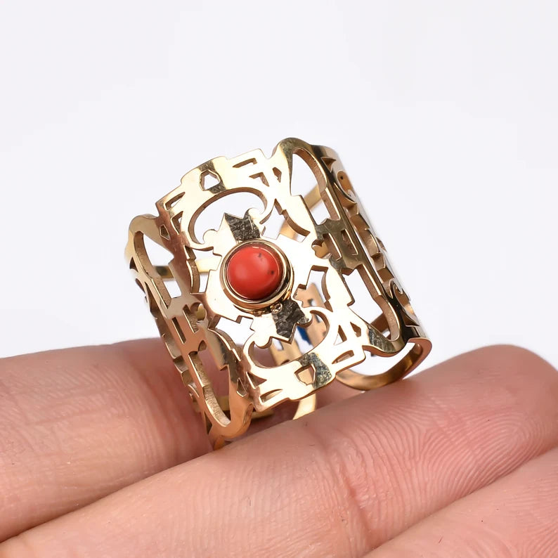 Coral Gemstone Wide Band Thumb Statement Ring