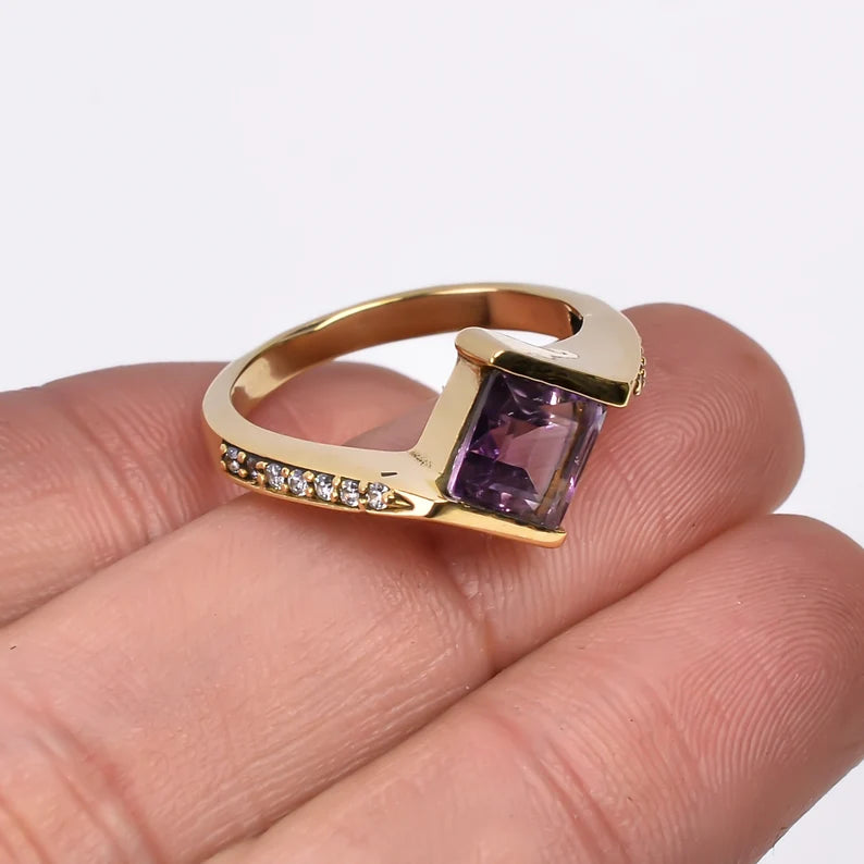 Exquisite Amethyst And Cubic Zirconia Engagement Ring