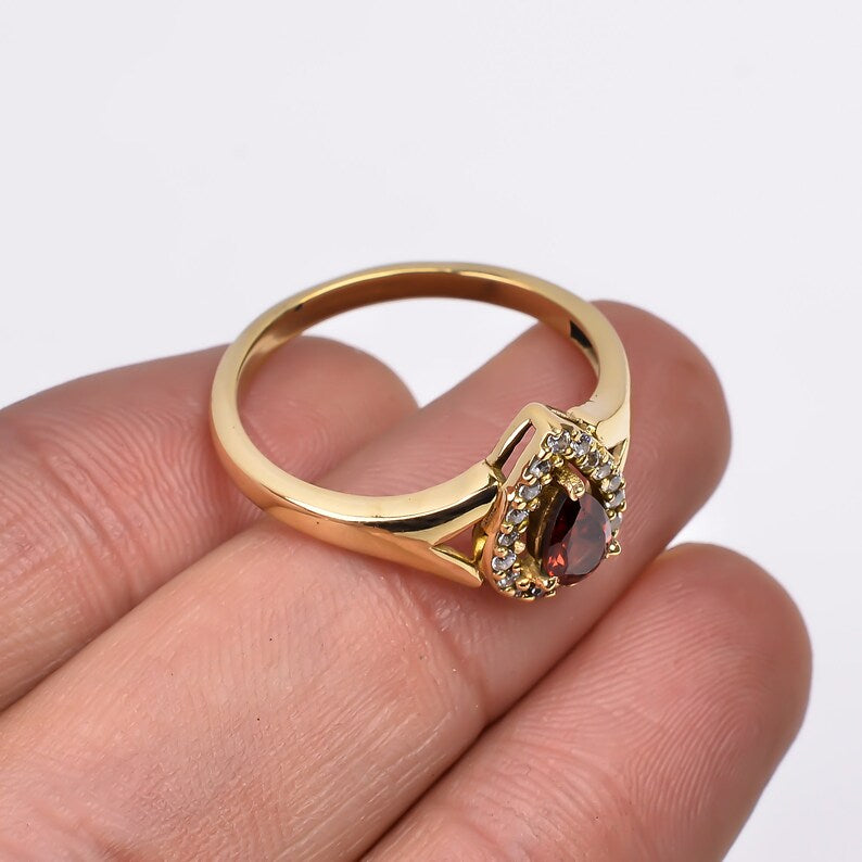 Natural Garnet And Cubic Zirconia Engagement Gemstone Ring