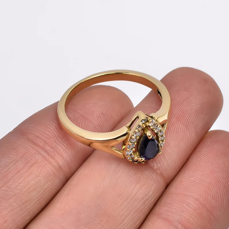 Natural Iolite And Cubic Zirconia Gemstone Engagement Promise Ring