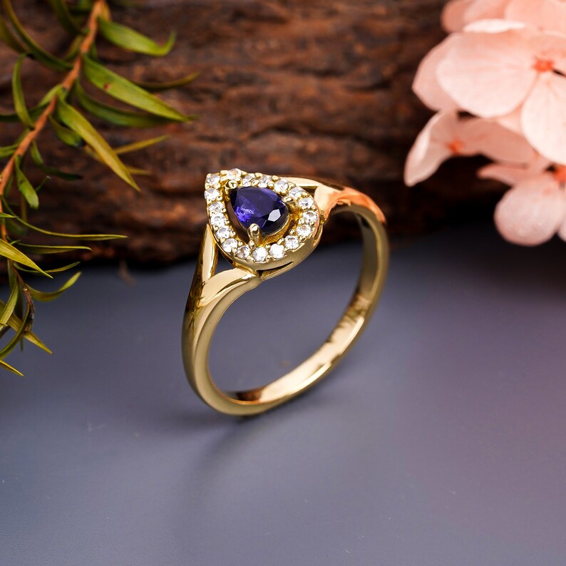 Natural Iolite And Cubic Zirconia Gemstone Engagement Promise Ring