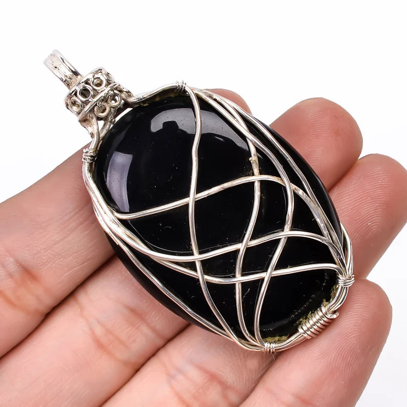 Black Onyx 925 Sterling Silver Wire Wrapped Pendant