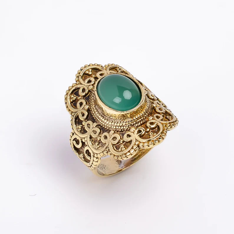 Green Onyx Semi Precious Antique Band Signet Ring