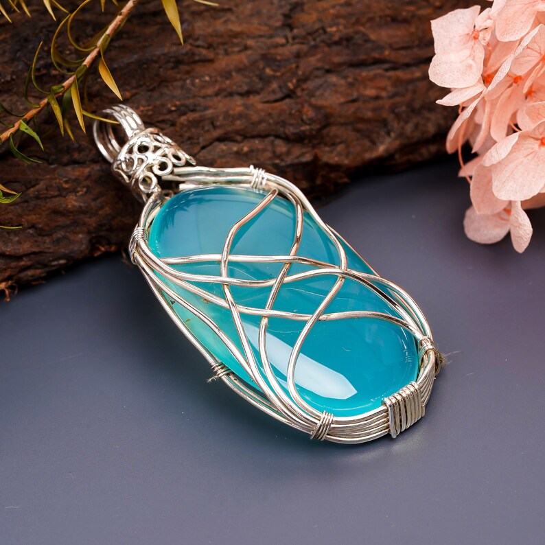 Aqua Chalcedony Gemstone 925 Sterling Silver Pendant