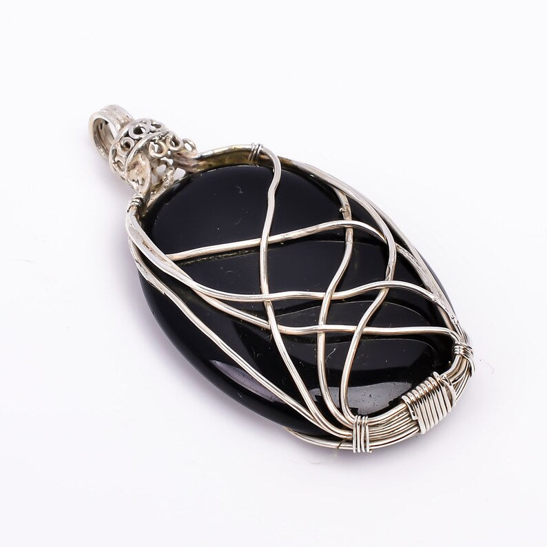 Black Onyx 925 Sterling Silver Wire Wrapped Pendant