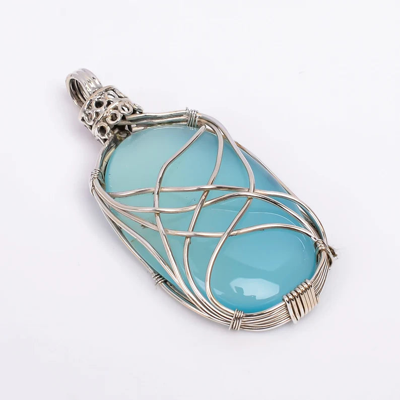 Aqua Chalcedony Gemstone 925 Sterling Silver Pendant