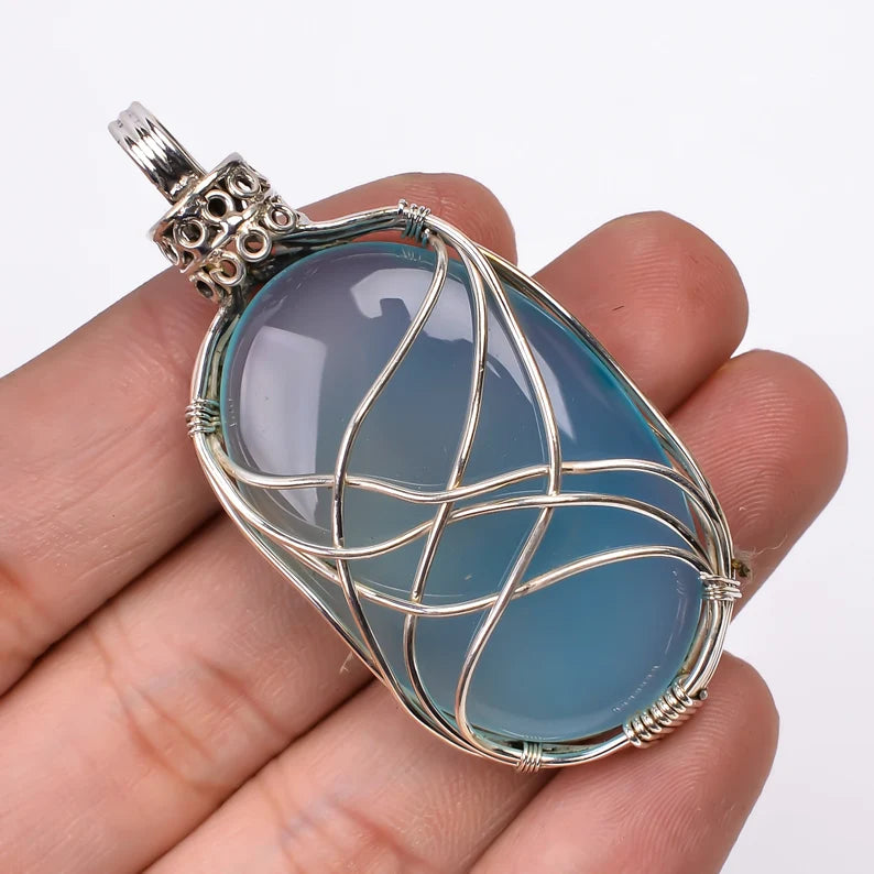 Aqua Chalcedony Gemstone 925 Sterling Silver Pendant