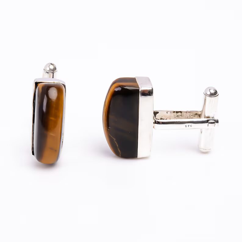 Natural Tiger's Eye 925 Sterling Silver Cufflinks