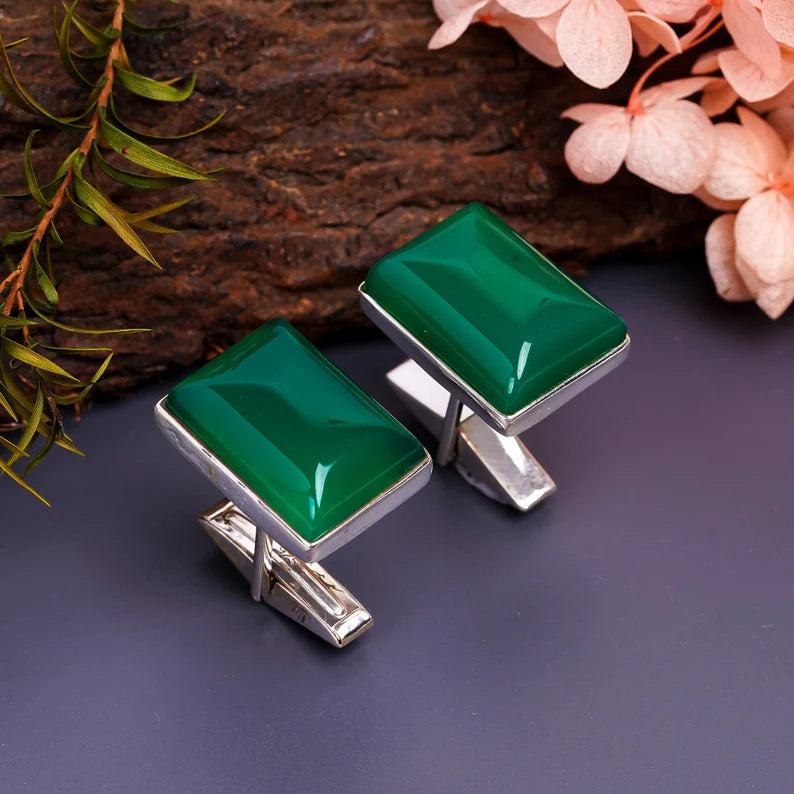 925 Sterling Silver Green Onyx Cufflinks