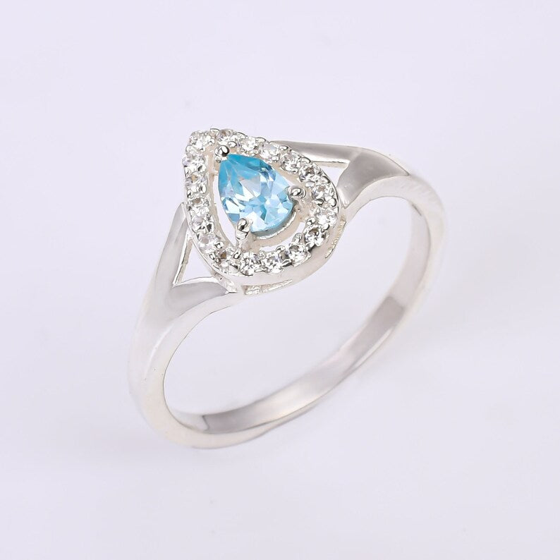 Elegant Blue Topaz Handcrafted Gemstone Engagement Ring