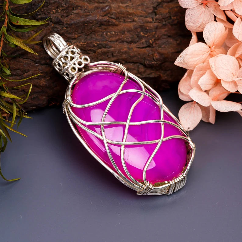 Pink Onyx Gemstone 925 Sterling Silver Pendant