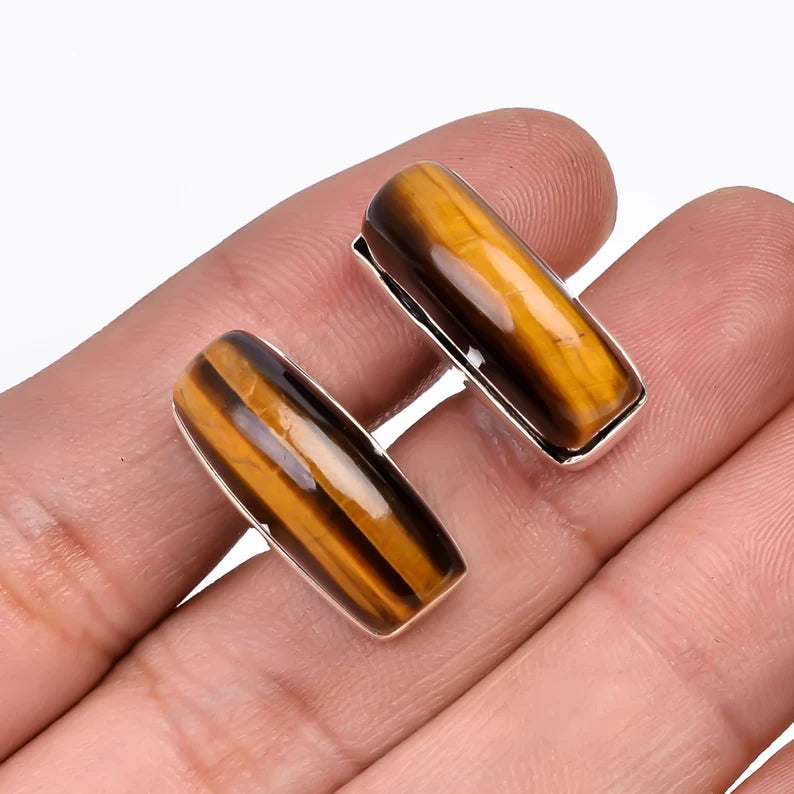 Natural Tiger's Eye 925 Sterling Silver Cufflinks