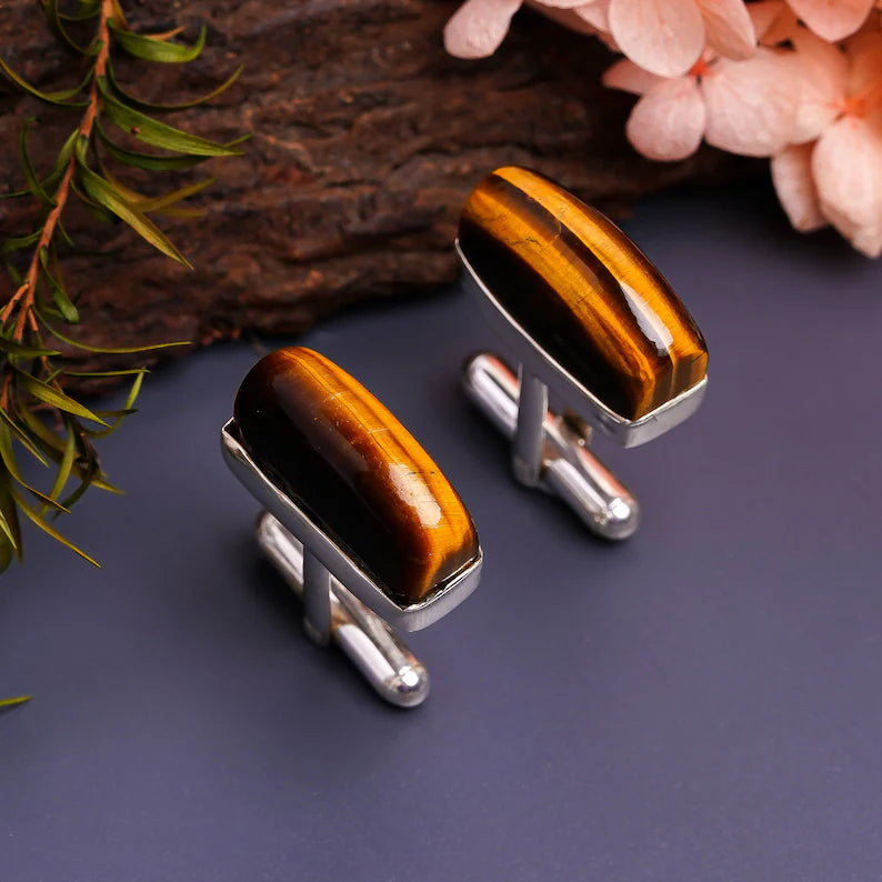 Natural Tiger's Eye 925 Sterling Silver Cufflinks