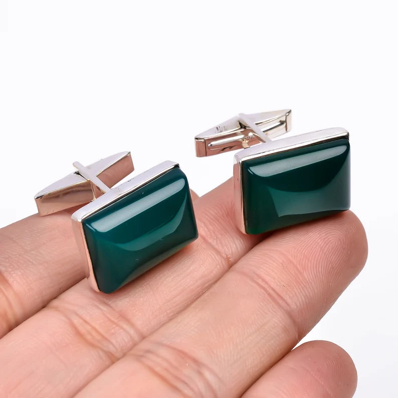 925 Sterling Silver Green Onyx Cufflinks