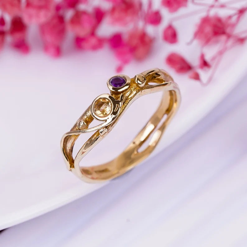 Citrine And Amethyst Gemstone Handcrafted Statement Ring