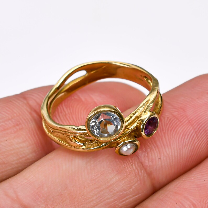 Pearl, Amethyst And Cubic Zirconia Gemstone Handcrafted Statement Ring