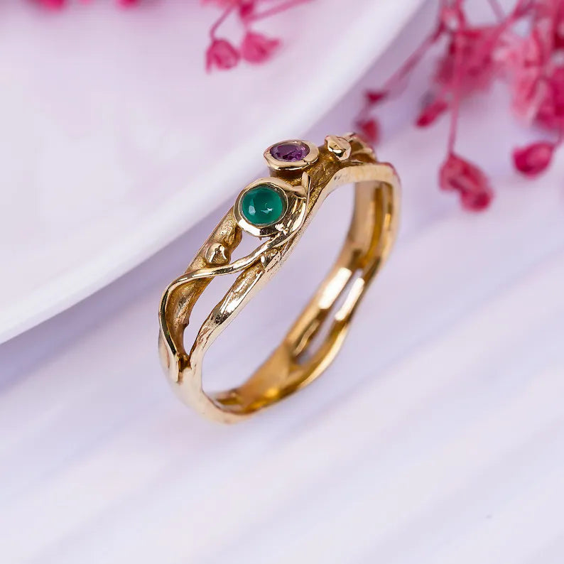 Green Onyx And Amethyst Gemstone Handcrafted Statement Ring
