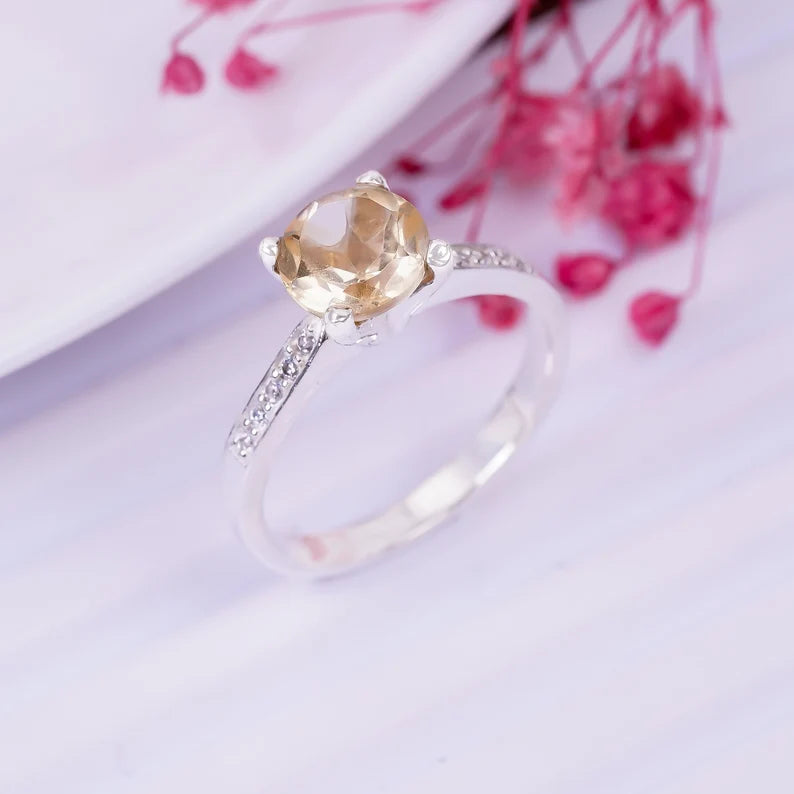 Citrine And Cubic Zirconia Handcrafted Statement Gemstone Ring