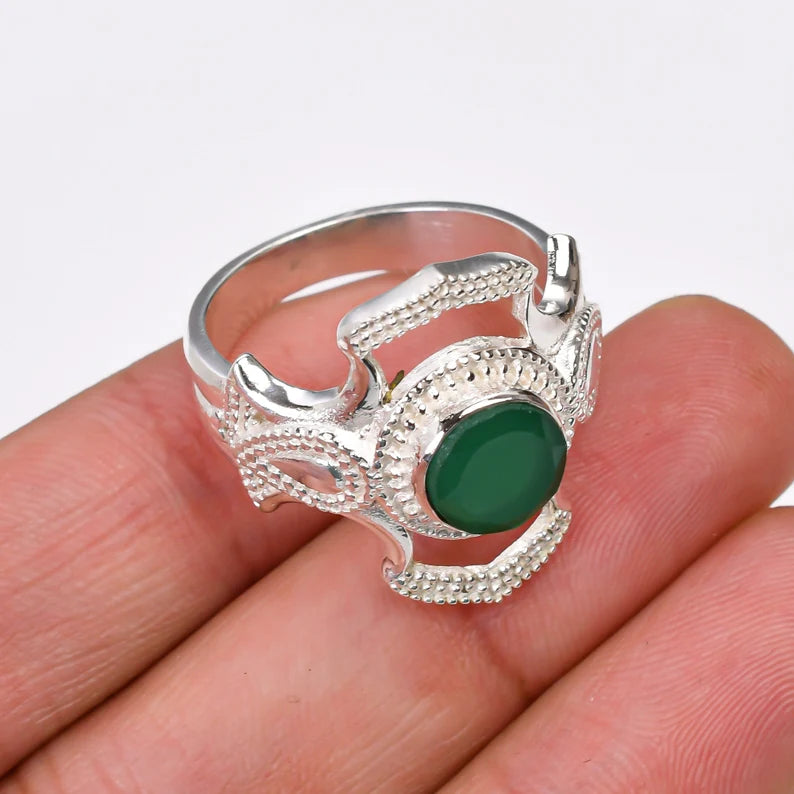 Natural Green Onyx Gemstone Handcrafted Statement Ring