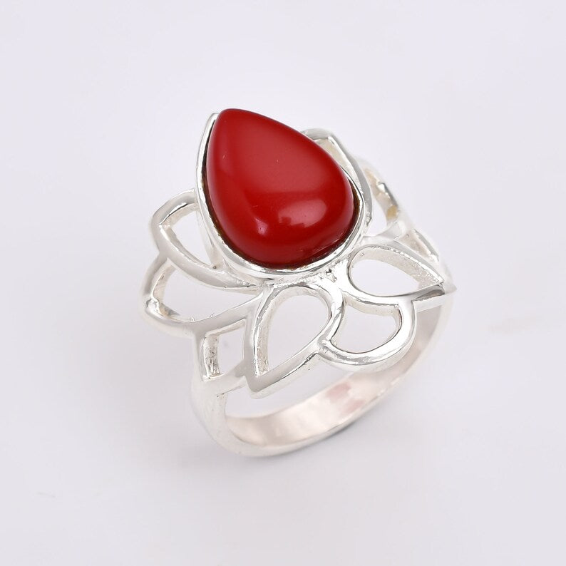 Coral Gemstone Statement Handcrafted Flower Design Ring