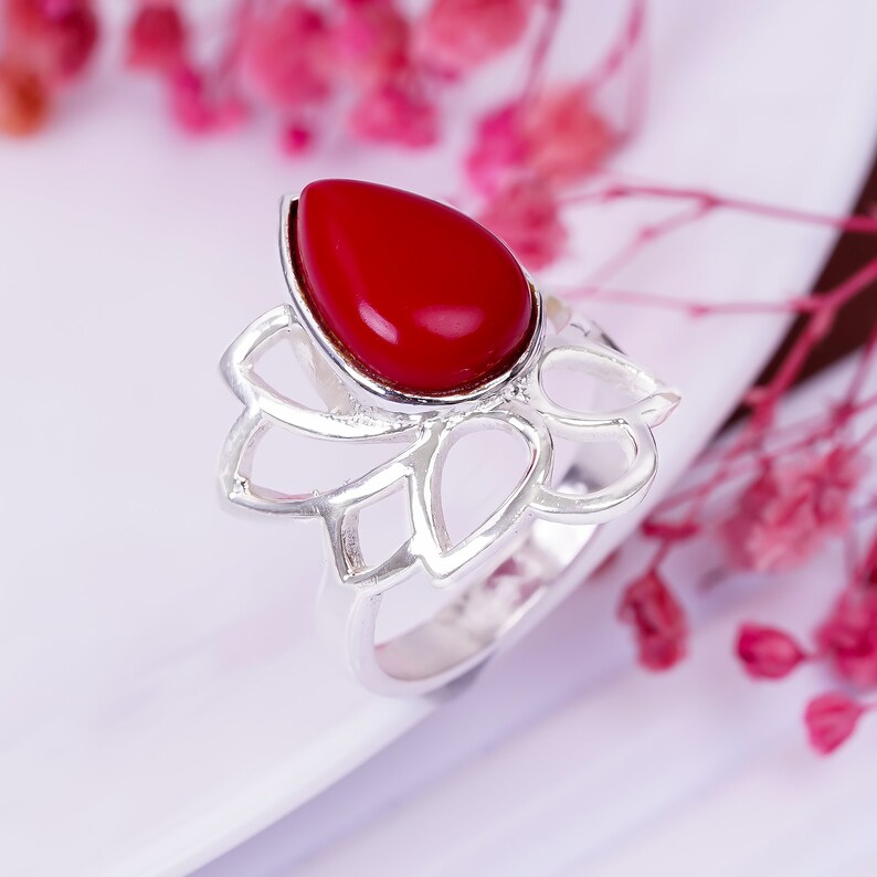 Coral Gemstone Statement Handcrafted Flower Design Ring