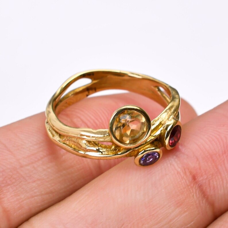 Citrine, Garnet & Amethyst Gemstone Handcrafted Statement Ring