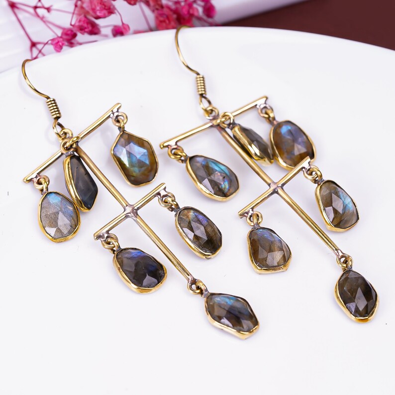 Natural Labradorite Gemstone Handcrafted Drop Earrings