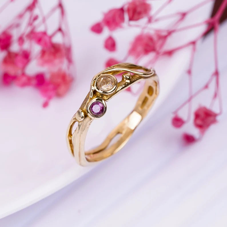 Elegant Citrine And Amethyst Gemstone Handcrafted Band Ring