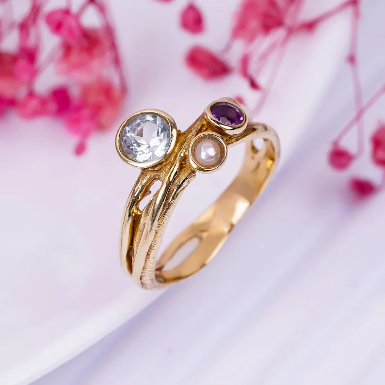 Pearl, Amethyst And Cubic Zirconia Gemstone Handcrafted Statement Ring